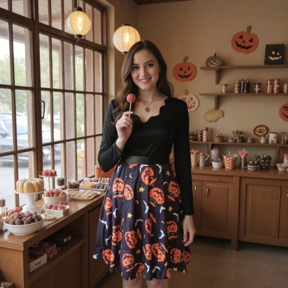 Little Black ✦ Halloween Pumpkin Dress ✦ Ribbon Belt Scalloped Sweetheart M - Picture 1 of 16